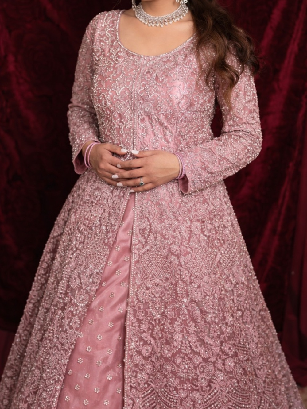 Embellished Pink Long Sleeve Reception Lehenga
